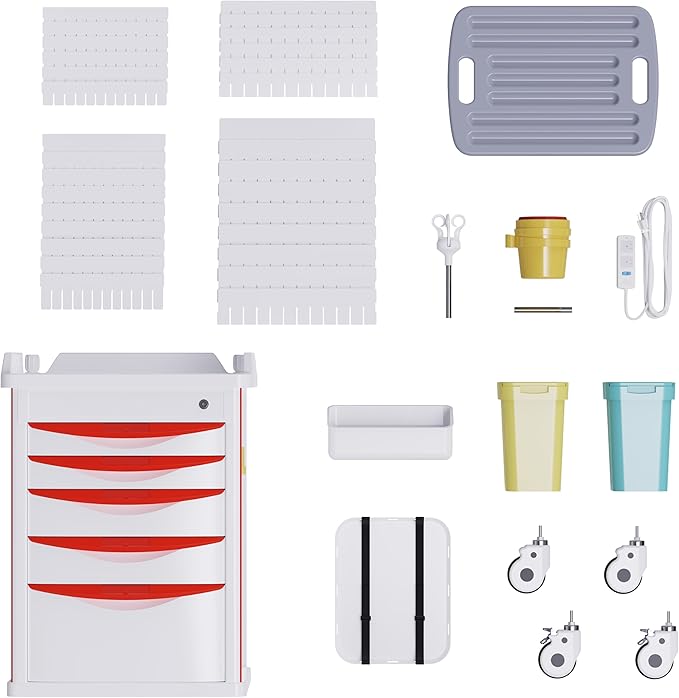 Medical Storage Crash Cart with Wheels - IV Pole, Silent Casters, Drawers with Dividers, Needle Disposal Holder, Trash Bin, O2 Holder, Emergency Mobile Cart for Clinic, Hospital, Nursing Center