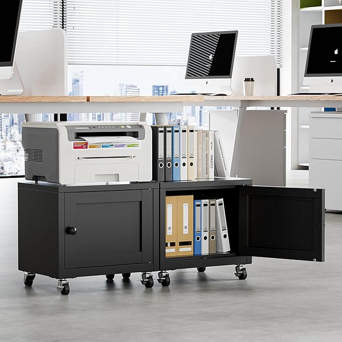 Small Printer Stand with Storage, Home Office Printer Table for Small Spaces, Under-Desk 3D Printer Stand with Wheels, for Office Copier and Fax Machine, Black