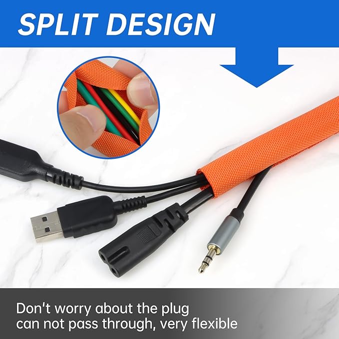 Split Braided Cable Sleeve，Flexible Wire Loom Tubing, Automotive Cord Protector Pet Proof, Cable Management for Computer TV Electric Wires Harness 16ft (Orange, 5mm（3/16")
