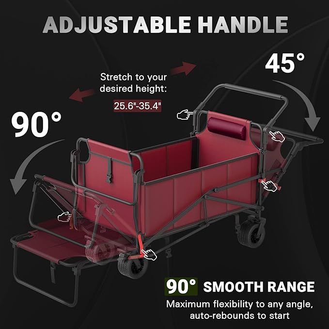 LEVELEVE Heavy Duty Folding Wagon - 2-in-1 Collapsible Cart, 650lb Capacity, All-Terrain Wheels w/Brakes & Side Pockets (Red)