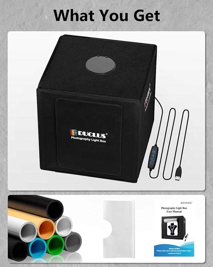 DUCLUS Light Box Photography, 16x16 inch Portable Photo Studio Box with 160 LED Dimmable Lights, 6 PVC & 2 Paper Backdrops for Product Photography.