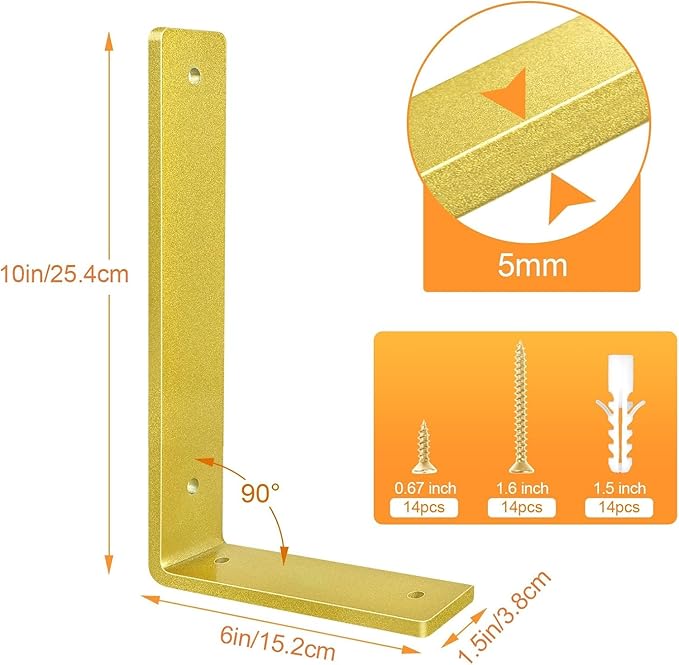 Gold Floating Shelf Bracket 10 Inch, 8 Pack Heavy Duty Shelf Brackets, Wall Shelf Bracket for DIY Decorative with Mounting Hardware