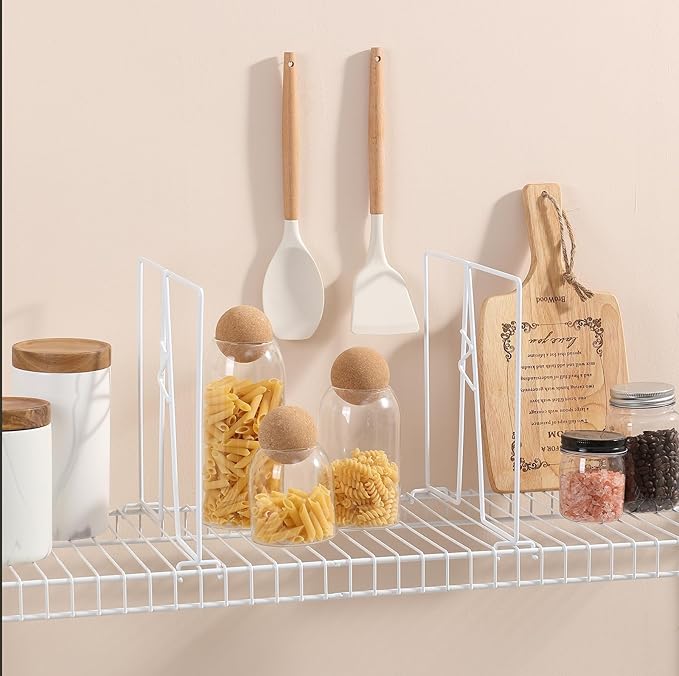 Wire Shelf Dividers - White Closet Organization & Storage Organizer - No Tool Shelf Divider for Wire Shelves - Metal Shelf Accessories – for 12“ Deep Wire Shelves – Tall 12” Height – 4 Pack