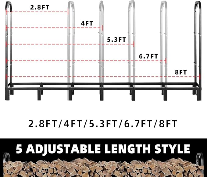 8FT Firewood Rack Outdoor with Cover, Heavy Duty Adjustable Firewood log Storage & Holder, Wood Pile Lumber Storage Rack Stacking Outside for Courtyard Patio.