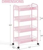 4-Tier Metal Utility Cart, Mesh Wire Rolling Cart on Wheels, Storage Trolley with Easy Assembly, Organizer Craft Cart 3 Hooks, Mobile Shelving Unit for Bathroom, Laundry Room, Home