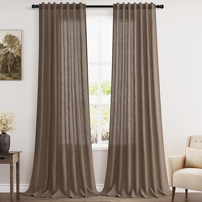 Extra Long Curtains 2 Panels 102 Inches Long for Living Room Light Brown Back Tab Rod Pocket Light Filtering Semi Sheer Drapes Cotton Linen Textured Window Curtain 102 Inch Length for Bedroom 9 FT