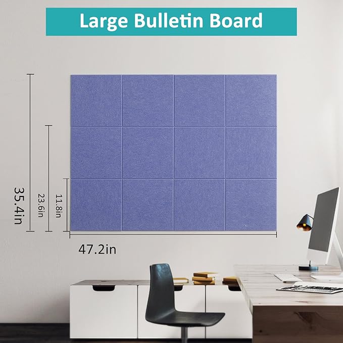 Large Bulletin Board 48" x 36" - 12 Pack Felt Wall Tiles with 60 Pcs Safe Removable Adhesive Tabs & 40 Pcs Pushpins, Cork Board for Office, School & Dart Wall Protector - Purple Blue