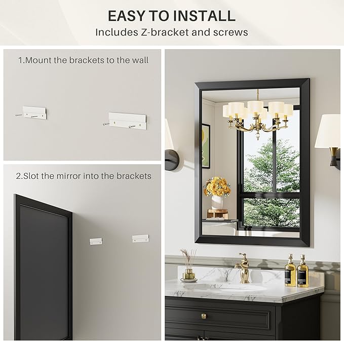 24x36 Inch Black Bathroom Mirror for Wall, Thick Metal Framed Rectangle Mirrors for Over Sink, Bedroom, Living Room, Entryway, Anti-Rust, HD Tempered Glass