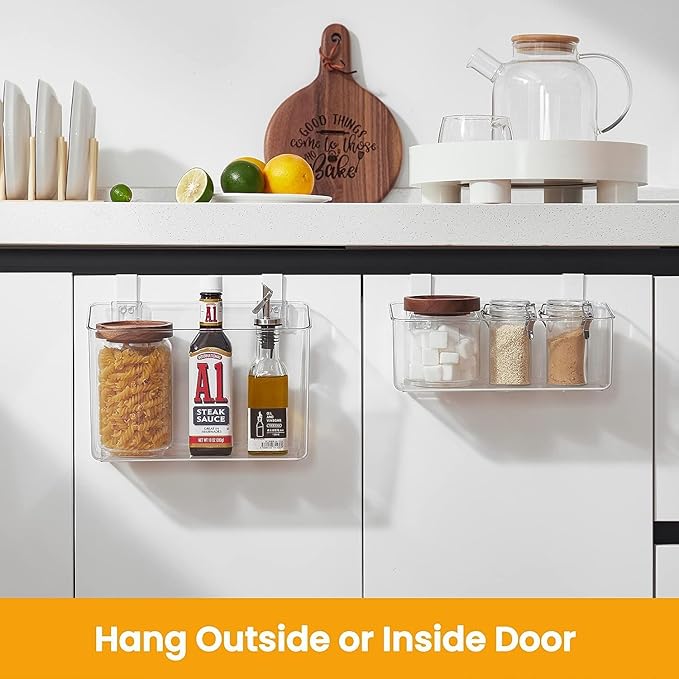 vacane 2 Pack Plastic Over Cabinet Door Organizer with Removable Hooks, Clear Hanging Baskets for Organizing Over the Cabinet Organizer Holder for Kitchen, Bathroom-Hang Outside or Inside Door-XL