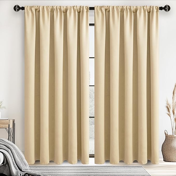 JIUZHEN Blackout Curtains for Bedroom - 70 x 84 Inch Extra Wide Privacy Assured Thermal Insulated Room Darkening Room Divider Curtain Cover for Living Room, Set of 2 Panels with Tiebacks,Light Beige