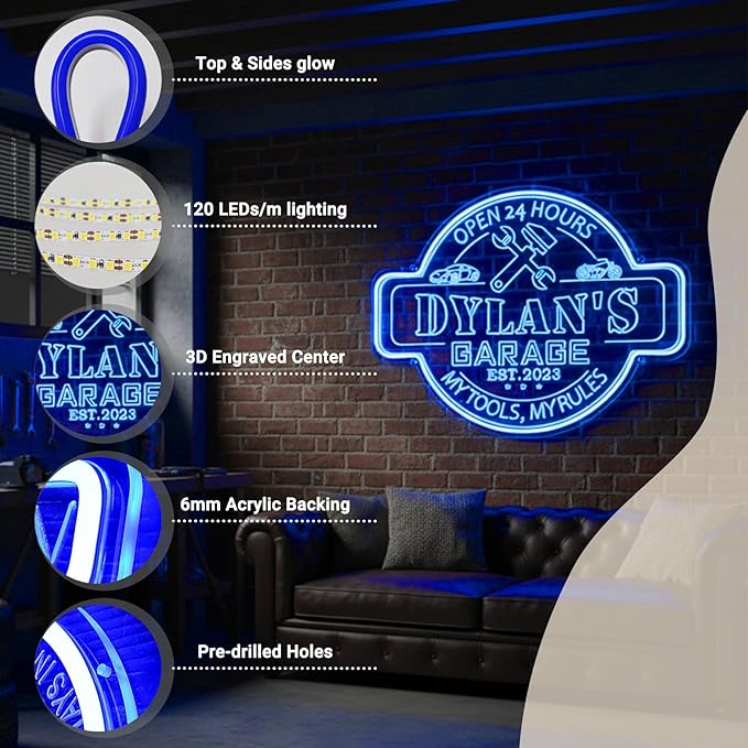 Custom Garage Neon Sign with Name, Personalized LED Garage Light for Men, Custom Home Garage Mechanic Shop Car Repair Man Cave Auto Workshop Wall Decor, Auto Workshop, Gift for Dad, Husband, Birthday