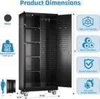 Garage Storage Cabinet with Wheels, Broom Closet Storage Cabinet with Pegboards and Adjustable Shelves, Metal Tool Cabinet with Lockable Door for Garage Home, Black