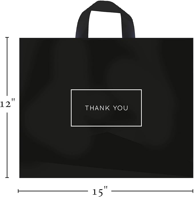 Purple Q Crafts Thank You Bags for Business Black Plastic Bags 50 Pack with Soft Loop Handle
