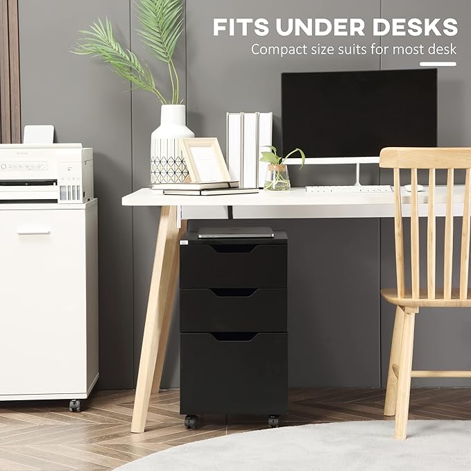 HOMCOM 3 Drawer Mobile File Cabinet, Rolling Printer Stand, Vertical Filing Cabinet, Black