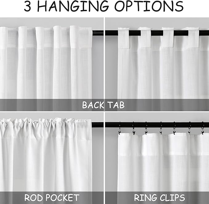 Nanspring White Linen Cafe Curtains 24 Inch Length Light Filtering Semi Sheer Mini Curtains for Small Window Basement Bathroom Camper Back Tab Rod Pocket Short Sheer Kitchen Curtain 30x24 Inches