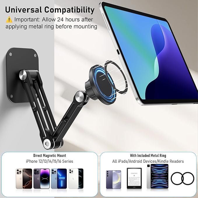Magnetic iPad Wall Mount, NINEFATICS Aluminum Dual-Arm Tablet Wall Mount Holder, 360° Multi-Angle Adjustable, Foldable Wall iPad Mount, for 4.7"-13" iPad Pro/Air/Mini, Phones & Tablets, Strong Magnets