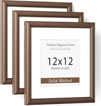Natural Walnut 12x12 Picture Frames Mat to 8x8 Picture Display Set of 3,Original Wood Handcrafted 12x12 Poster Frame with Tempered Glass Graduation Family Wedding Certificate Photo Wall Mounted