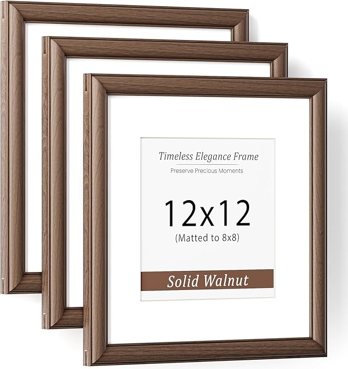 Natural Walnut 12x12 Picture Frames Mat to 8x8 Picture Display Set of 3,Original Wood Handcrafted 12x12 Poster Frame with Tempered Glass Graduation Family Wedding Certificate Photo Wall Mounted