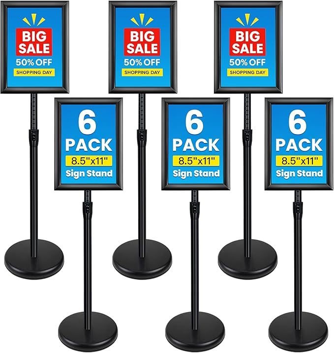 6Pack Sign Holder Stand - 8.5x11 Inch Adjustable Floor Standing Sign Stand for Display, Pedestal Poster Stand for Vertical & Horizontal View, Indoor & Outdoor Use for Business & Store - Black