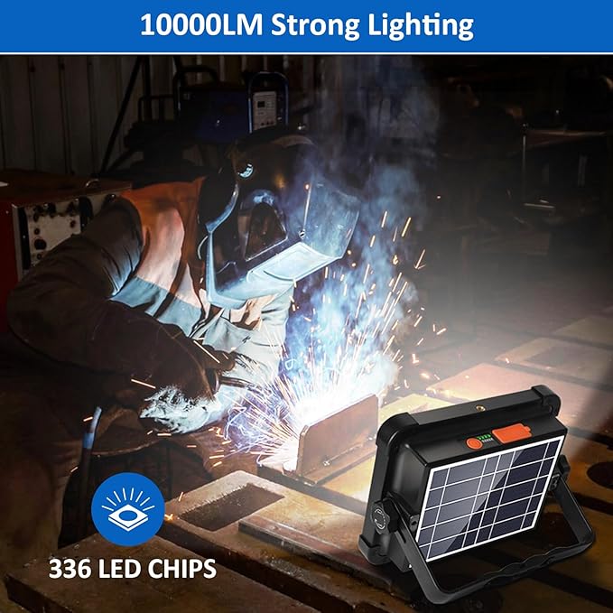 100W Rechargeable Work Light, 12000mAh Solar Work Lights, 336 LEDs Flood Light, 4 Lighting Modes& Stepless Dimming, Portable for Camping, Car Repair, Power Cut, Emergency