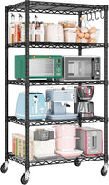 PrimeZone Wire Shelving Unit with Wheels, 5 Tier Adjustable NSF Certified Heavy Duty Metal Storage Shelves, Pantry Organizer Rack Rolling Kitchen Shelf for Closet Garage, 24" W x 18" D x 75" H, Black
