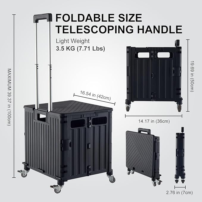 Folding Utility Cart Portable Rolling Crate Handcart Shopping Trolley Collapsible Tool Box, with Lid, Basket on 4 Rotate Wheels, for Grocery, Office, Luggage, Teacher (Black)