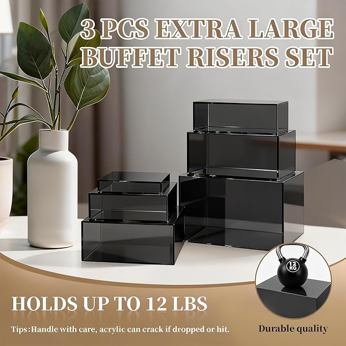 3 PCS Black Extra Large Buffet Risers Set, 10" 12" 14" Acrylic Cube Risers Stands Acrylic Cube Food Display Box Risers with Hollow Bottoms for Party Buffet Table Cupcake Candy Dessert