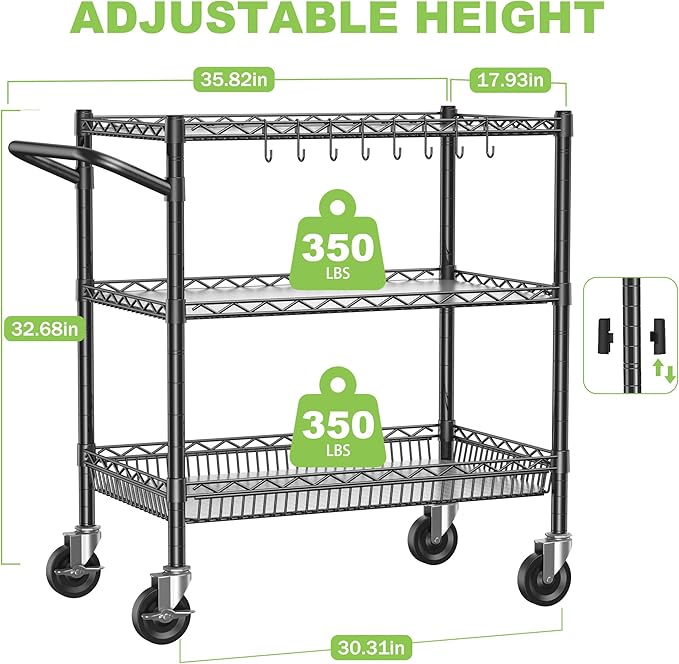 1050lbs Heavy Duty Carts with Wheels Metal Rolling Utility Cart Commercial Grade Kitchen Trolley with Handle Bar&Shelf Liner, Mobile Steel Wire Trolley for Warehouse Garage Kitchen