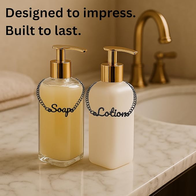 Soap and Lotion Label Tags – Handwritten Zinc Alloy Dispenser Charms – Rust Resistant- Elegant Black Finish – Vintage, Modern, Minimalist Decor – 2-Pcs