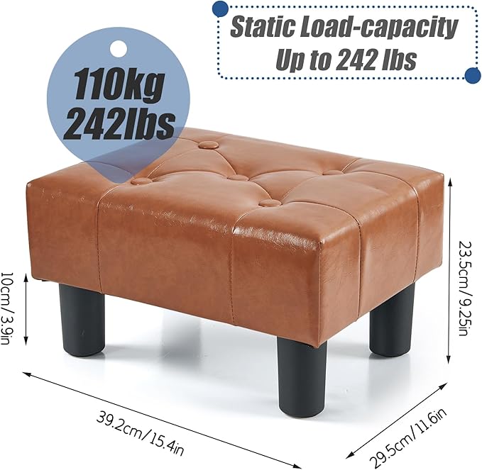 BRIAN & DANY Small Foot Stool, Leather Foot Stools with Legs, Stable Small Footstool for Living Room, Light Brown