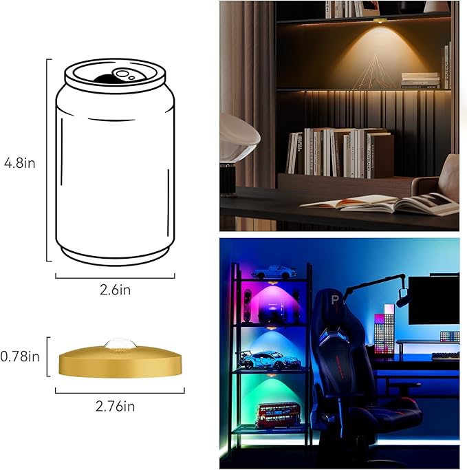 Yiliaw Rechargeable Puck Lights with Remote, Magnetic Under Cabinet Lighting, 1500mAh Battery Operated LED Tap Lights with Dimmer & Timmer for Kitchen, Closet, Shelf，Gold-3 Color Temps-12RGB，12-Pack