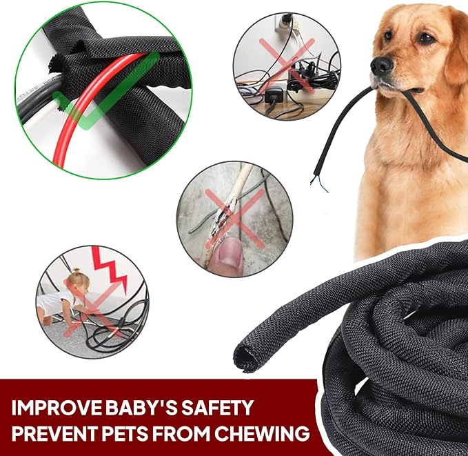 Black Braided Cable Management Sleeves Wire Loom Tubing Cord Protector Self-Wrapping (1"-15Feet)