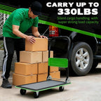 Green Folding Platform Hand Truck 330 lbs Capacity, Heavy Duty Flatbed Cart with 360° Swivel Silent Wheels, Non-Slip Alloy Steel Dolly for Warehouse, Delivery, and Storage – Foldable Design