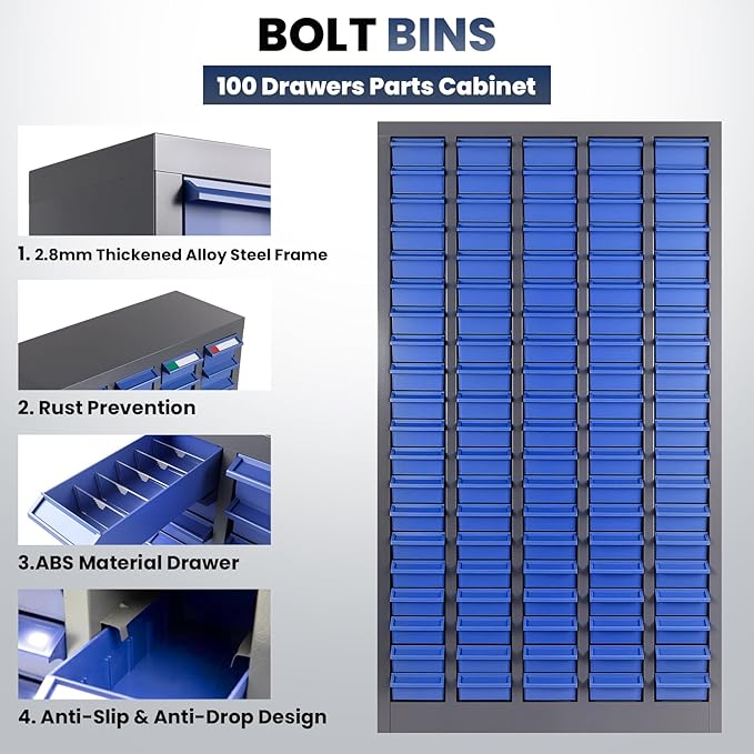 100-Drawer - Nut and Bolt Organizer | Stainless Steel Part Storage Cabinet | Shelves & Labels | Each Drawer 3.9" D x 7.8W x 2" H | Durable Hardware Storage for Small Parts/Tool (Classroom, Home)