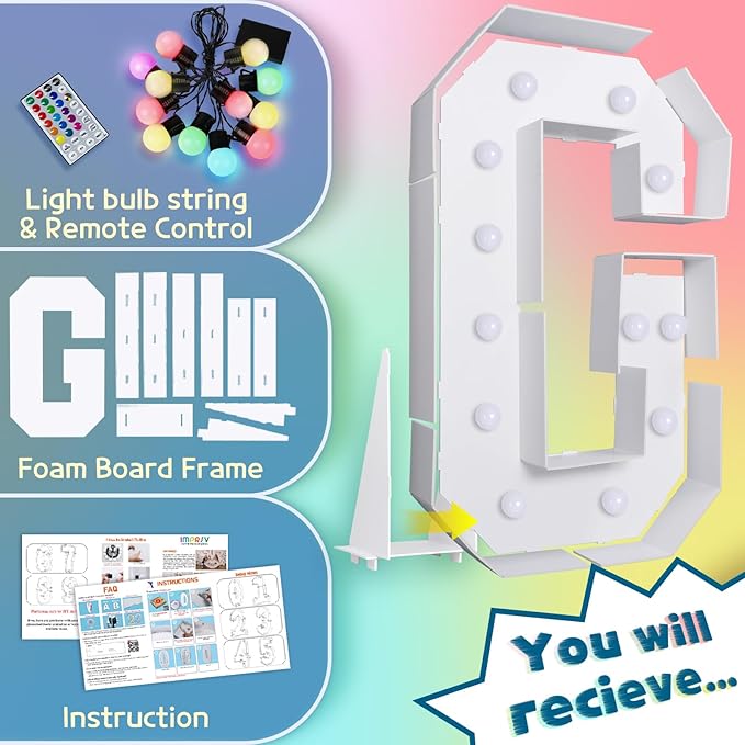 imprsv 4FT Colorful Marquee Letters G, 18 Colors Large Light up Letters Alphabet Sign with Remote, Large Marry Me Sign, Birthday Party Decorations Anniversary Wedding Decoration