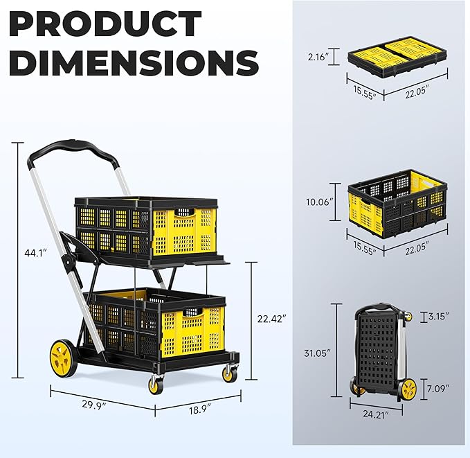 Collapsible Shopping Cart with Wheels, 8-in-1 200LBS Capacity Grocery Cart on Wheels with 2 Storage Crate, Folding Utility Cart for Shopping, Travel, Supermarket, Office, Yellow