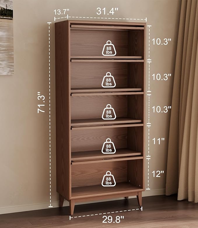 Solid Wood Bookcase 5 Tier Bookshelves with Tempered Glass Flip-Up Doors 72Hx13.7Dx32W" Brown Finish Cube Storage Organizer, Bookshelf Versatile Pantry Cabinet with Storage for Kitchen Home Office