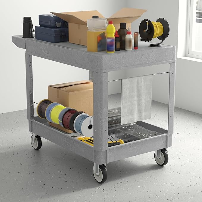 Heavy Duty Utility Rolling Tool Cart, 1000 lbs Capacity Flat Top Plastic Utility Service Cart with Two Trays and Wheels, 46 x 26-Inch Work Cart for Storage, Garage, Warehouse, Workshop, Gray