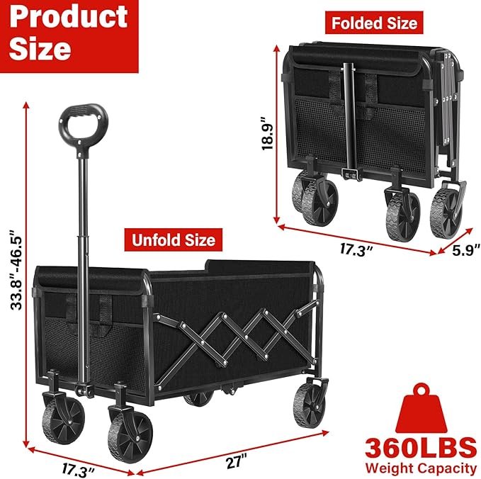 Wagons Carts Foldable Collapsible Wagon with Wheels — Folding Utility Wagon Cart Portable for Camping,Sports,Groceries,Apartment & Travel | Collapsible Wagon for Storage & Shopping,360lbs,Black