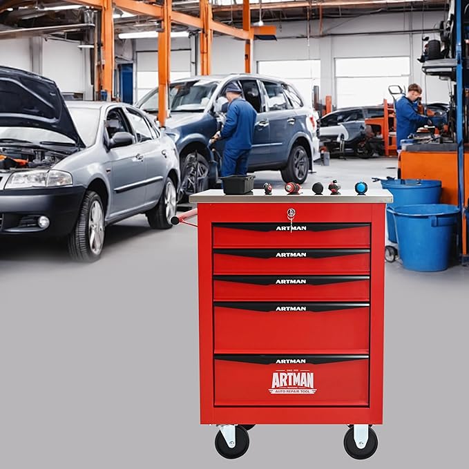 5-Drawer Heavy-Duty Rolling Tool Chest with Wheels & Steel Roof, Lockable Tool Chest Storage Cabinet for Garage, Workshop, Warehouse, and Repair Shop