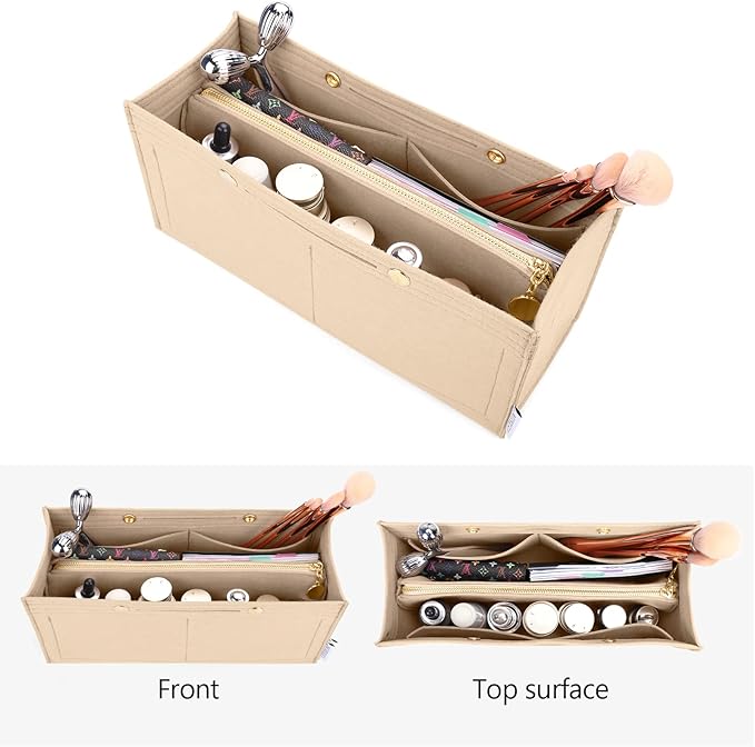 LEXSION Felt Purse Organizer Insert,Handbag Organizer with Detachalbe Zipper Pocket for ONTHEGO PM,3 Size 8034 Beige Small