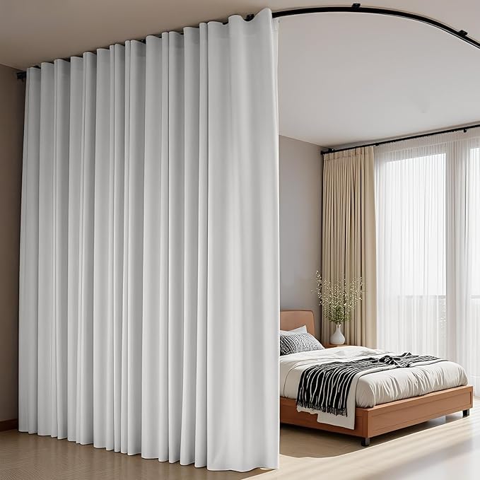 Room Divider Curtains Flexible Ceiling Tracks set Curtain track Ceiling Mount Blackout Curtain for Living Room Bedroom Ceiling Curtain Rod Privacy Divider Panel W180xH84 GreyishWhite Drape&Black rail