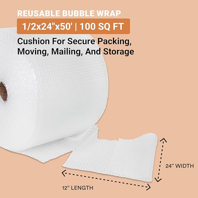 Aviditi Bubble Wrap Roll 1/2" x 24" x 50' Long (100 Sq Ft) Cushioning Wrap for Packing, Moving, Mailing & Shipping Supplies, Large Perforated Bubble Sheets Packaging Material for Fragile Items