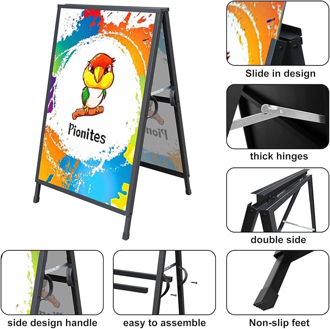 Heavy Duty Slide-in Folding A Frame Sign Sidewalk Sign 24x 36 Inch Sandwich Board Steel Metal Double-Side Pavement sign Corrugated Plastic Poster (24x36 inch(Frame only))