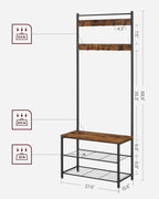 VASAGLE Coat Rack, Hall Tree with Shoe Storage Bench, Entryway Bench with Shoe Storage, 3-in-1, Steel Frame, for Entryway, 12.6 x 27.6 x 68.9 Inches, Industrial, Rustic Brown and Black UHSR41BX