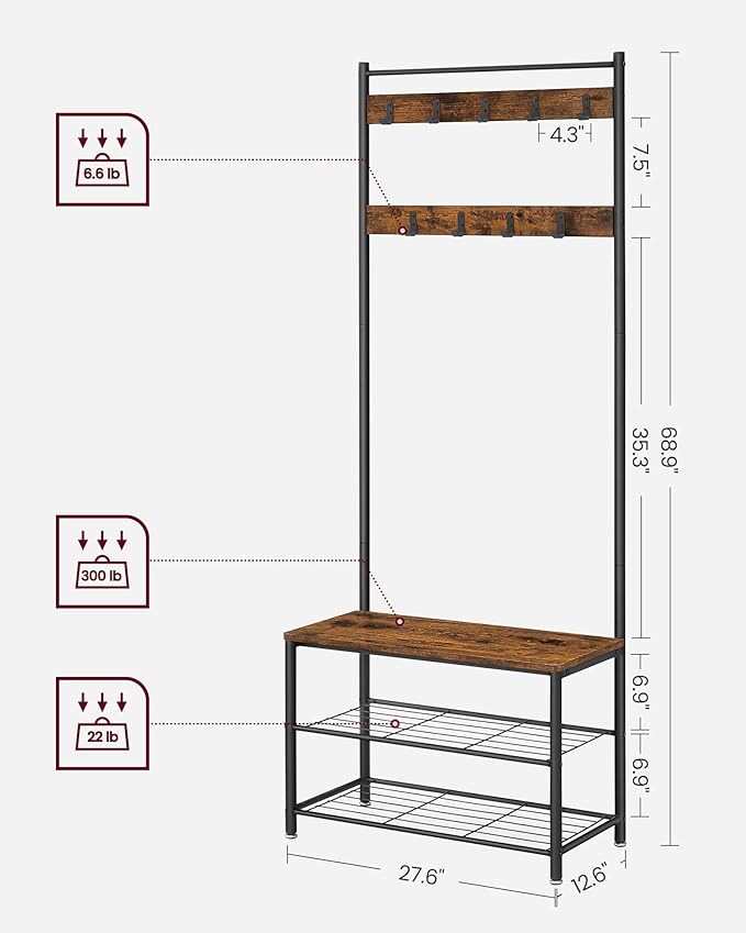 VASAGLE Coat Rack, Hall Tree with Shoe Storage Bench, Entryway Bench with Shoe Storage, 3-in-1, Steel Frame, for Entryway, 12.6 x 27.6 x 68.9 Inches, Industrial, Rustic Brown and Black UHSR41BX
