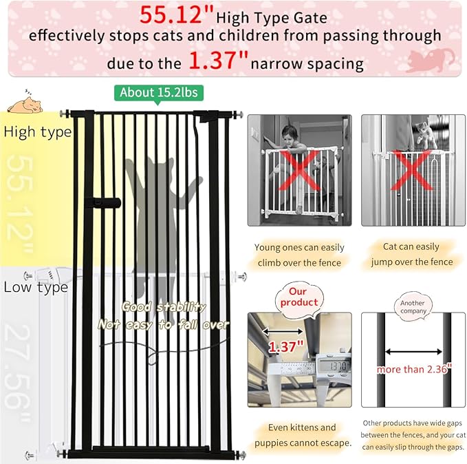 Lumizone Extra Tall Cat Gate 55.12" High Pressure Mounted Extra Wide 2025 New (17 Sizes) 1.37" Gap No Drilling Auto-Close One-Handed Operation Tall Pet Gate for Dogs(Black, 55.12" H x 55.12"-59.44" W)