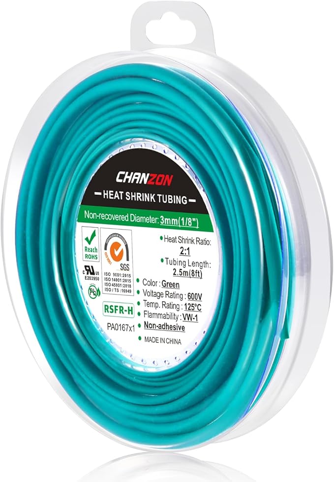 Chanzon 2:1 Ratio 1/8" (3mm) Heat Shrink Tubing 8Ft Roll (2.5M Total Length) Green Polyolefin Sleeving Wrap Shrinking 2 to 1 1pcs