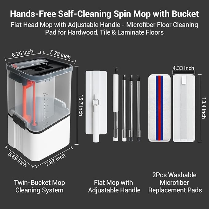 Push-Pull Wringer Mop and Bucket Set, 13.9" Extra Wide Head for Whole House Deep Cleaning, Pet Hair/Stain Removal, Independent Waste Water Tank, 360° Swivel Handle for Hardwood/Tile/Laminate Floors