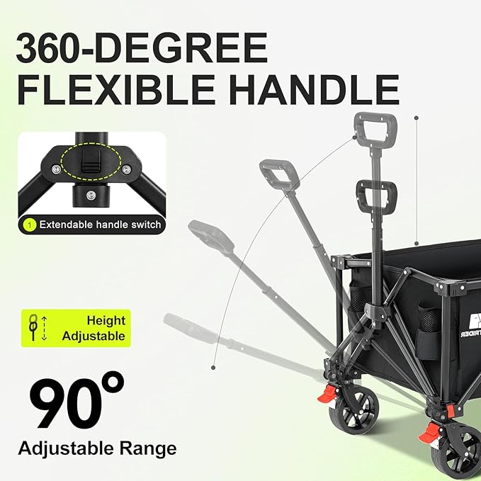 Collapsible Wagon with Wheels,Wagons Carts Foldable Wagon Cart with Flexible Handle, Lightweight Portable Folding Utility Grocery Shopping Cart for Grocery Sports Garden Camping(Black)